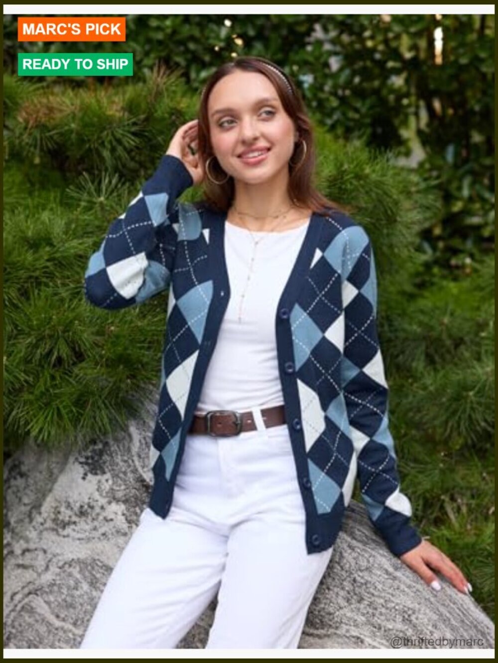 Long Sleeve Argyle V-Neck Button Up Cardigan Sweater Preppy - Picture 2 of 7